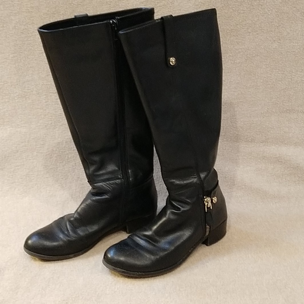 Black Guess Leather Tall Wide Calf Boots well worn